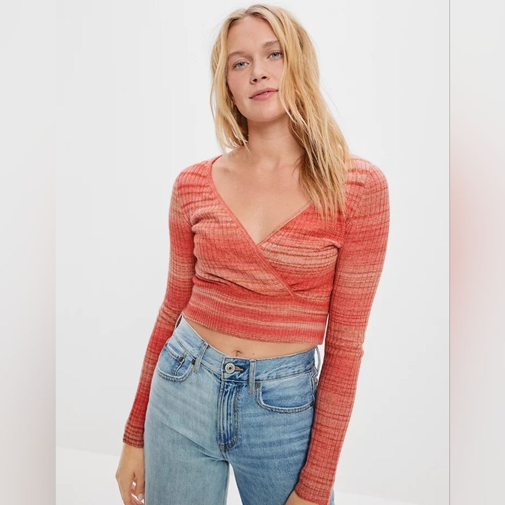 American Eagle Outfitters AE Cropped Wrap Front Sweater Top Coral Orange NWT XL